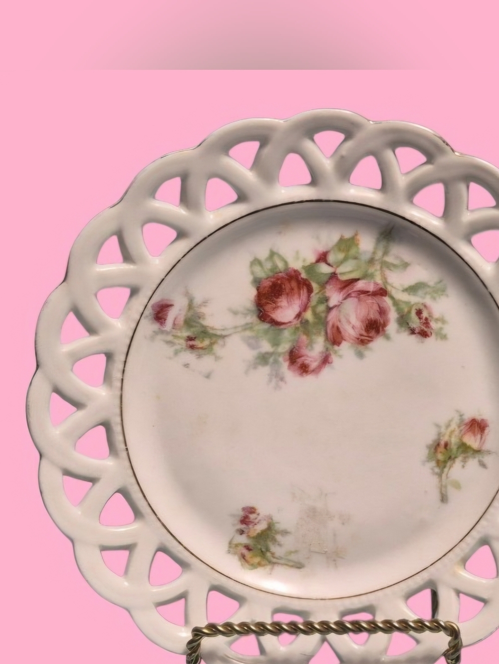 One Vintage Dessert Plate Pink Floral w Gold Reticulated Border no stamp.  7.5"